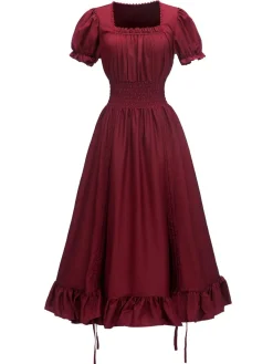 Sale Retro Stage 1930s Square Neck Wrinkles Puff Sleeves Dress