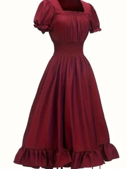 Sale Retro Stage 1930s Square Neck Wrinkles Puff Sleeves Dress