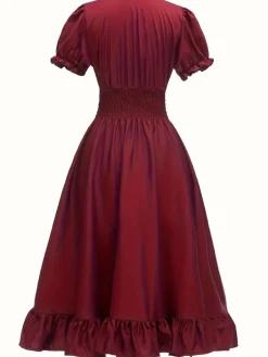 Sale Retro Stage 1930s Square Neck Wrinkles Puff Sleeves Dress