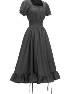 Sale Retro Stage 1930s Square Neck Wrinkles Puff Sleeves Dress