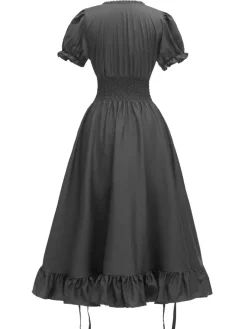 Sale Retro Stage 1930s Square Neck Wrinkles Puff Sleeves Dress