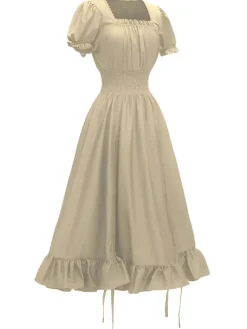 Sale Retro Stage 1930s Square Neck Wrinkles Puff Sleeves Dress