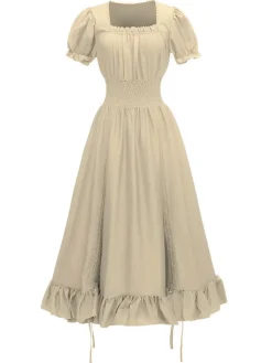 Sale Retro Stage 1930s Square Neck Wrinkles Puff Sleeves Dress