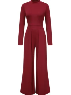 Online Retro Stage 1930s Stand Collar Long Sleeve Wide Leg Jumpsuit