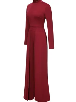 Online Retro Stage 1930s Stand Collar Long Sleeve Wide Leg Jumpsuit