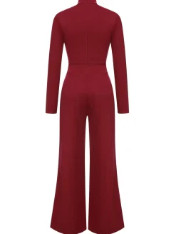 Online Retro Stage 1930s Stand Collar Long Sleeve Wide Leg Jumpsuit
