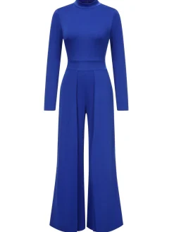 Online Retro Stage 1930s Stand Collar Long Sleeve Wide Leg Jumpsuit