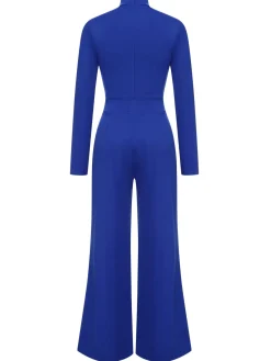 Online Retro Stage 1930s Stand Collar Long Sleeve Wide Leg Jumpsuit