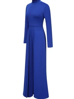 Online Retro Stage 1930s Stand Collar Long Sleeve Wide Leg Jumpsuit