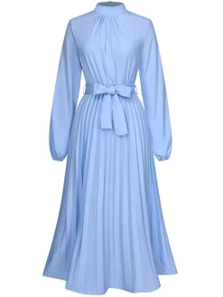 Best Retro Stage 1940s Stand Collar Solid Pleated Dress