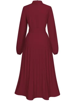 Best Retro Stage 1940s Stand Collar Solid Pleated Dress