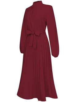 Best Retro Stage 1940s Stand Collar Solid Pleated Dress