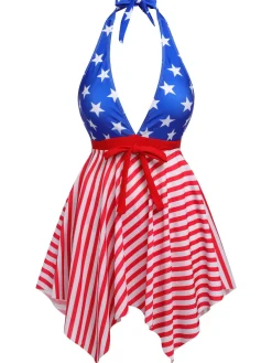 Clearance Retro Stage 1950s Star Stripe Halter Swimsuit Multicolor