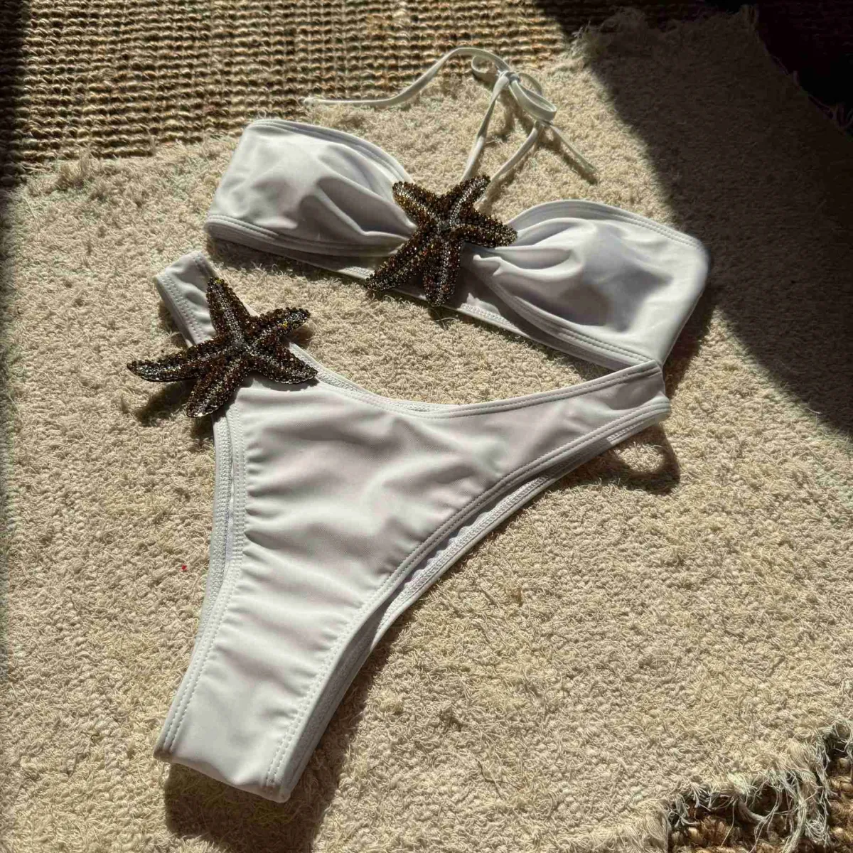 New Retro Stage 1960s Starfish Lace-Up Halter Bikini Set