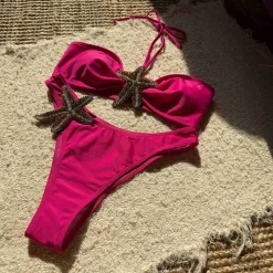 New Retro Stage 1960s Starfish Lace-Up Halter Bikini Set
