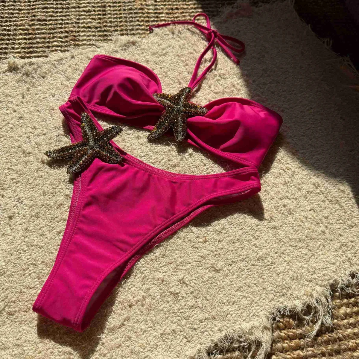 New Retro Stage 1960s Starfish Lace-Up Halter Bikini Set