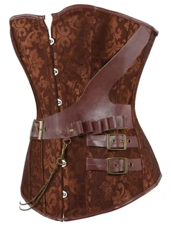 Discount Retro Stage 1980s Steampunk Leather Jacquard Floral Strapless Corset