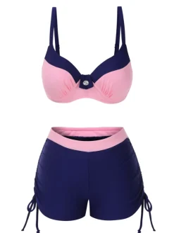 Online Retro Stage 1940s Strap Colorblock Diamond Lace-Up Bikini Set Pink & Blue