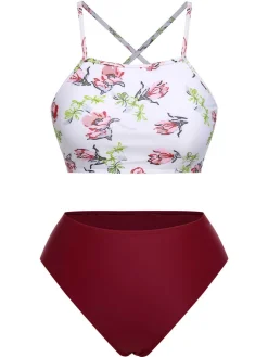 Fashion Retro Stage 1940s Strap Contrast Floral Lace-Up Swimsuit White & Red