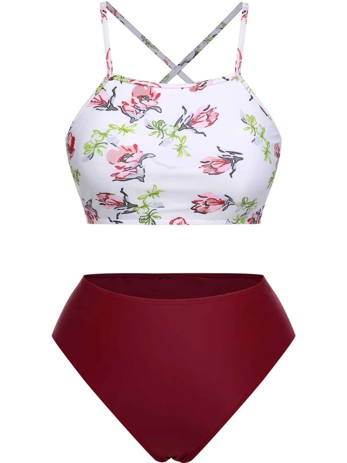 Fashion Retro Stage 1940s Strap Contrast Floral Lace-Up Swimsuit White & Red