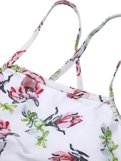 Fashion Retro Stage 1940s Strap Contrast Floral Lace-Up Swimsuit White & Red