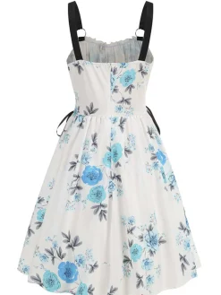 Best Retro Stage 1950s Strap Floral Butterflies Lace-Up Corset Dress