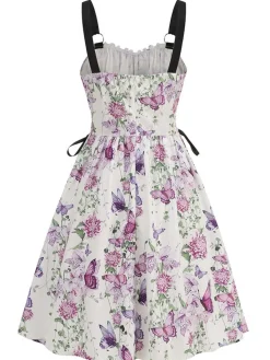 Best Retro Stage 1950s Strap Floral Butterflies Lace-Up Corset Dress
