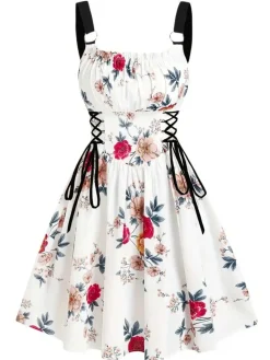 Best Retro Stage 1950s Strap Floral Butterflies Lace-Up Corset Dress