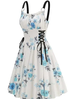 Best Retro Stage 1950s Strap Floral Butterflies Lace-Up Corset Dress