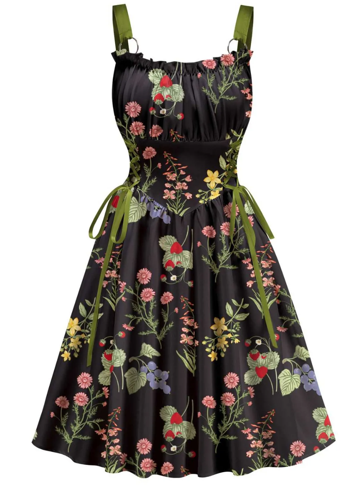 Best Retro Stage 1950s Strap Floral Lace-Up Corset Dress