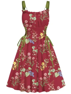 Best Retro Stage 1950s Strap Floral Lace-Up Corset Dress