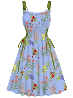 Best Retro Stage 1950s Strap Floral Lace-Up Corset Dress