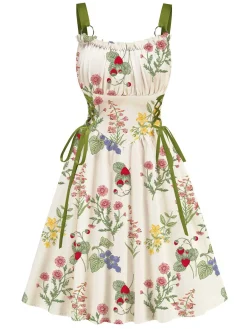 Best Retro Stage 1950s Strap Floral Lace-Up Corset Dress
