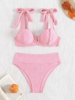Discount Retro Stage 1950s Strap Floral Textured Solid Bikini Set