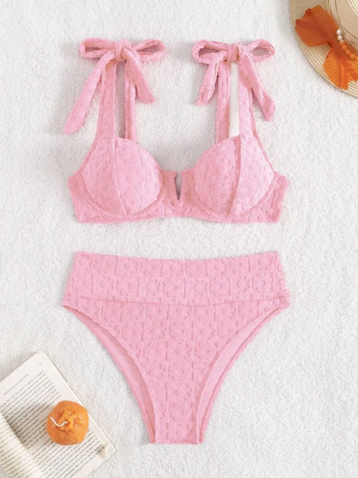 Discount Retro Stage 1950s Strap Floral Textured Solid Bikini Set