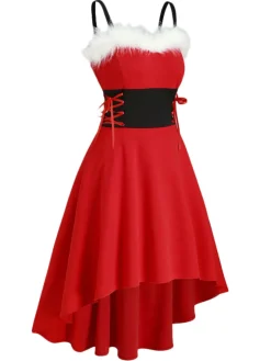 Sale Retro Stage 1950s Strap Furry Lace Up Dress Red