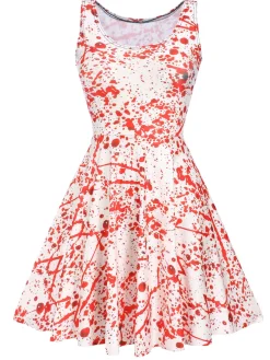 Clearance Retro Stage 1960s Strap Halloween Blood Print Sleeveless Dress White
