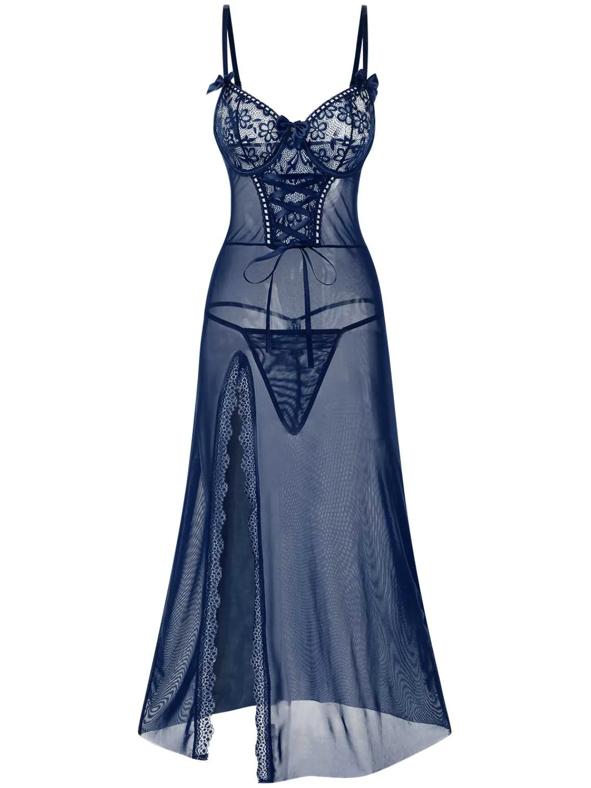 Best Retro Stage 1970s Strap Lace Sheer Slit Sleepwear Nightgown