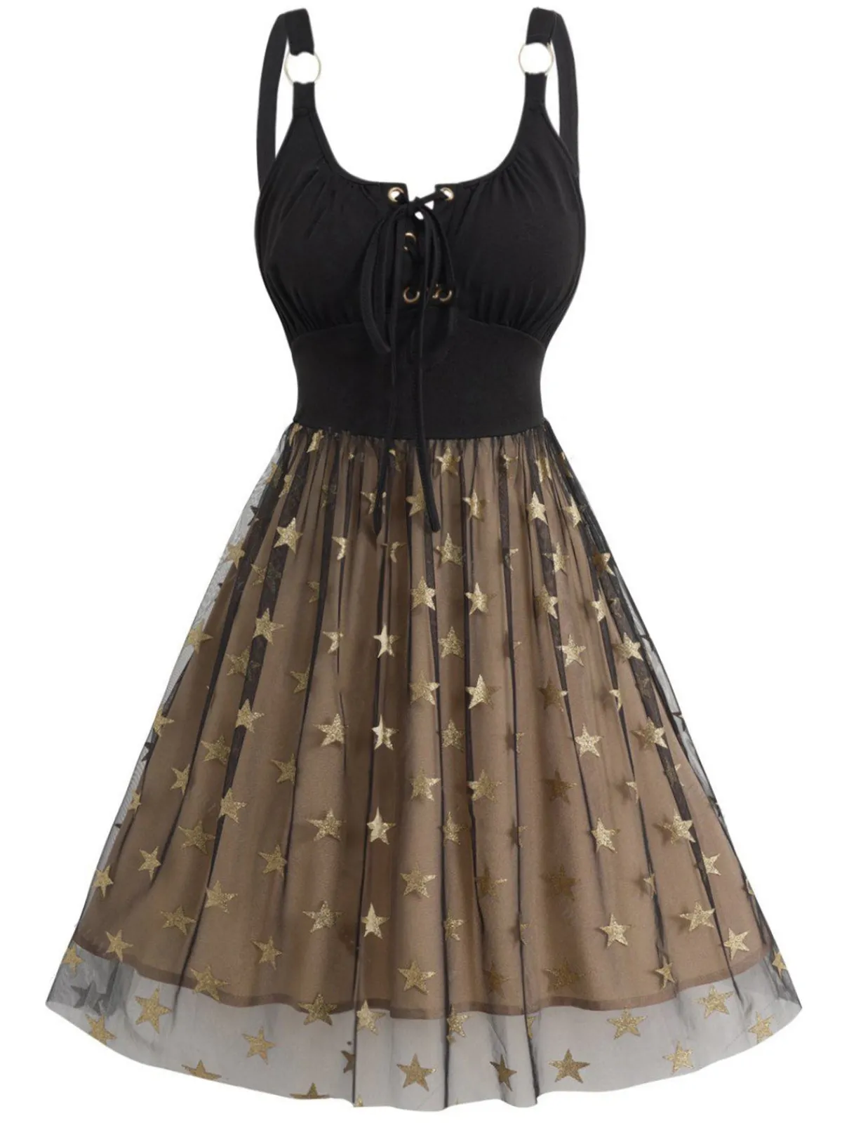Clearance Retro Stage 1950s Strap Mesh Stars Lace-Up Dress Black & Khaki
