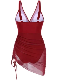 Discount Retro Stage 1950s Strap Sheer Mesh Solid One-Piece Swimsuit