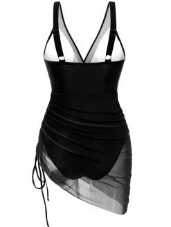 Best Retro Stage 1950s Strap Sheer Mesh Solid One-Piece Swimsuit