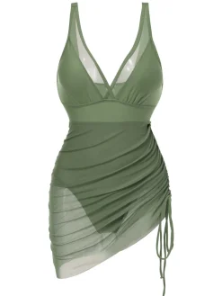 Best Retro Stage 1950s Strap Sheer Mesh Solid One-Piece Swimsuit