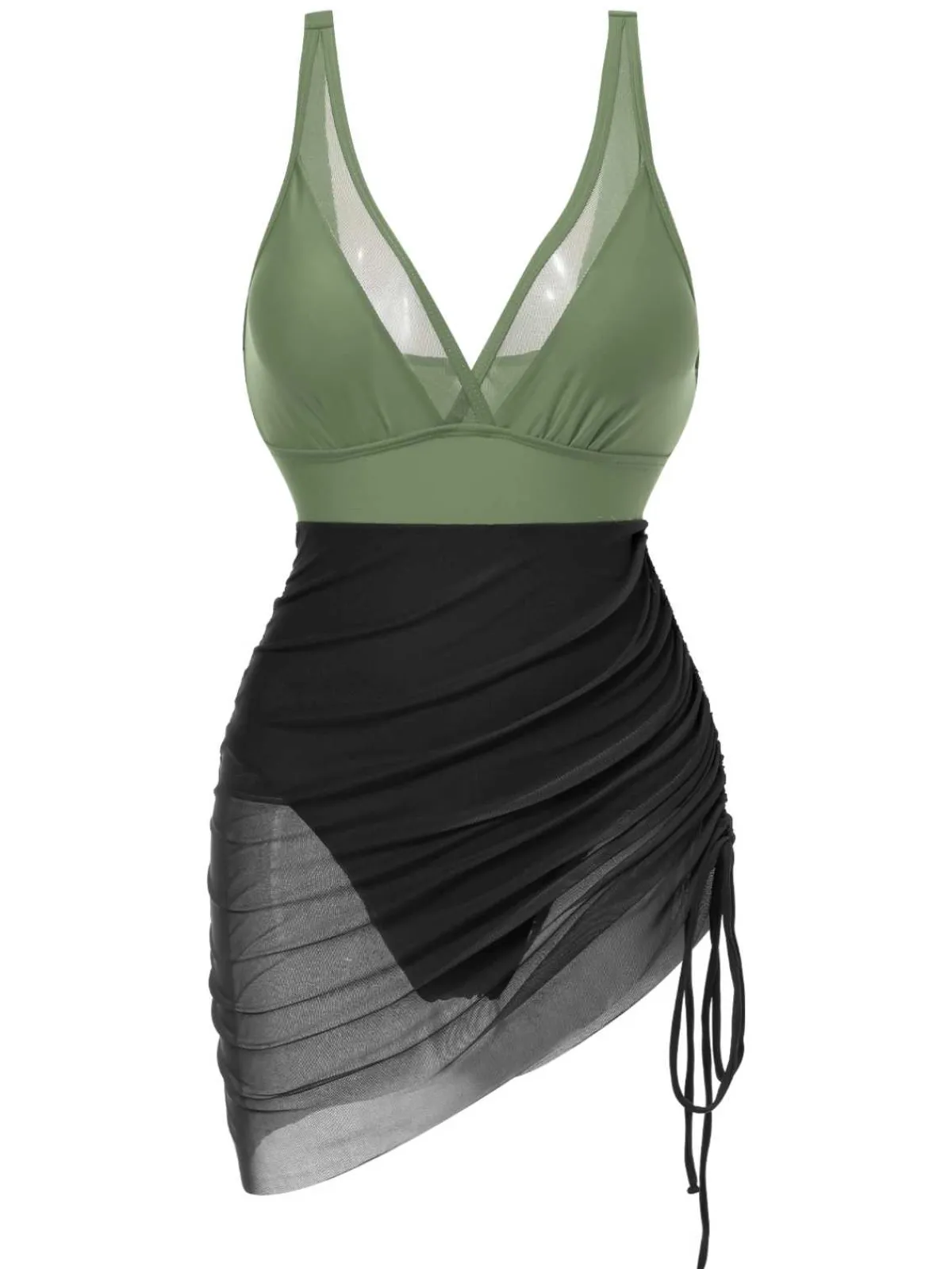 Best Retro Stage 1950s Strap Sheer Mesh Solid One-Piece Swimsuit