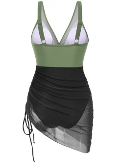 Sale Retro Stage 1950s Strap Sheer Mesh Solid One-Piece Swimsuit