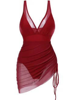 Sale Retro Stage 1950s Strap Sheer Mesh Solid One-Piece Swimsuit