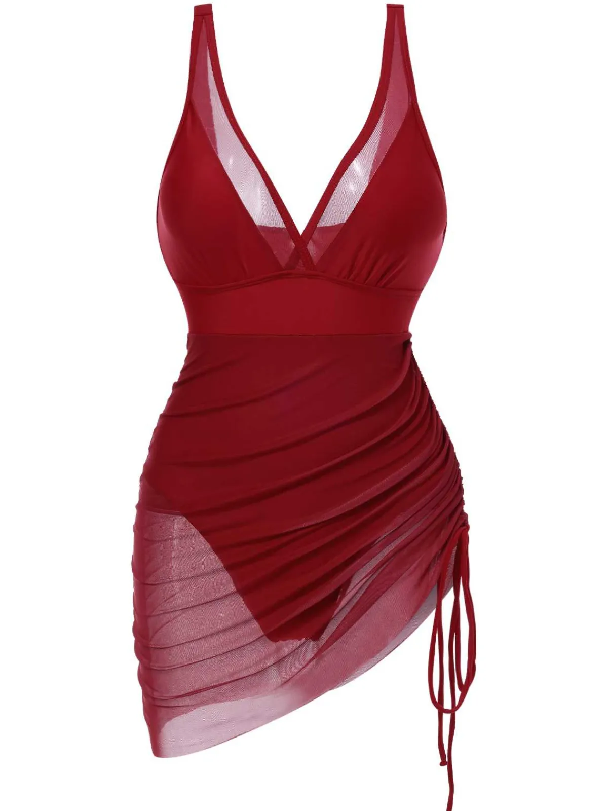 Sale Retro Stage 1950s Strap Sheer Mesh Solid One-Piece Swimsuit