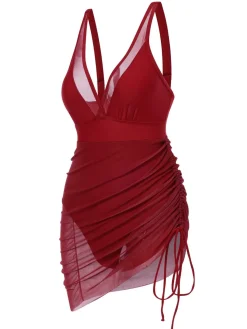 Sale Retro Stage 1950s Strap Sheer Mesh Solid One-Piece Swimsuit