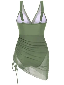 New Retro Stage 1950s Strap Sheer Mesh Solid One-Piece Swimsuit
