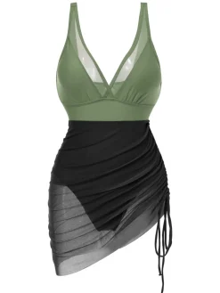 New Retro Stage 1950s Strap Sheer Mesh Solid One-Piece Swimsuit