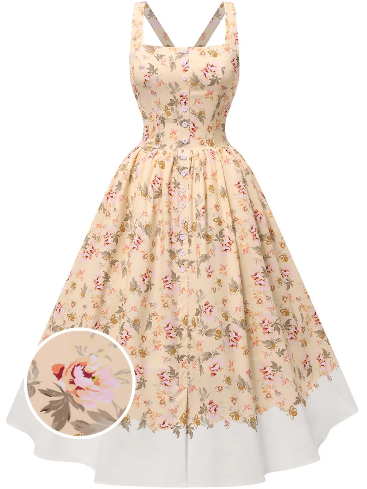 Best Retro Stage 1950s Strap Square Neck Corset Floral Dress Yellow